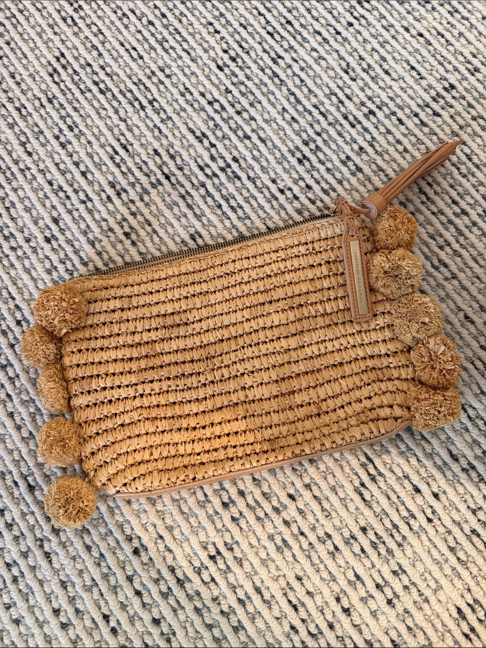 Loeffler Randall rafia Pom-Pom Wristlet Clutch in Tan
